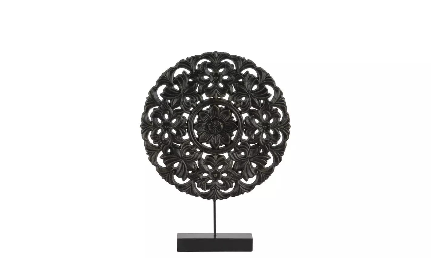 Floral Patterned Round Wooden Wheel Ornament On Rectangular Stand, Small, Black - Primary Image