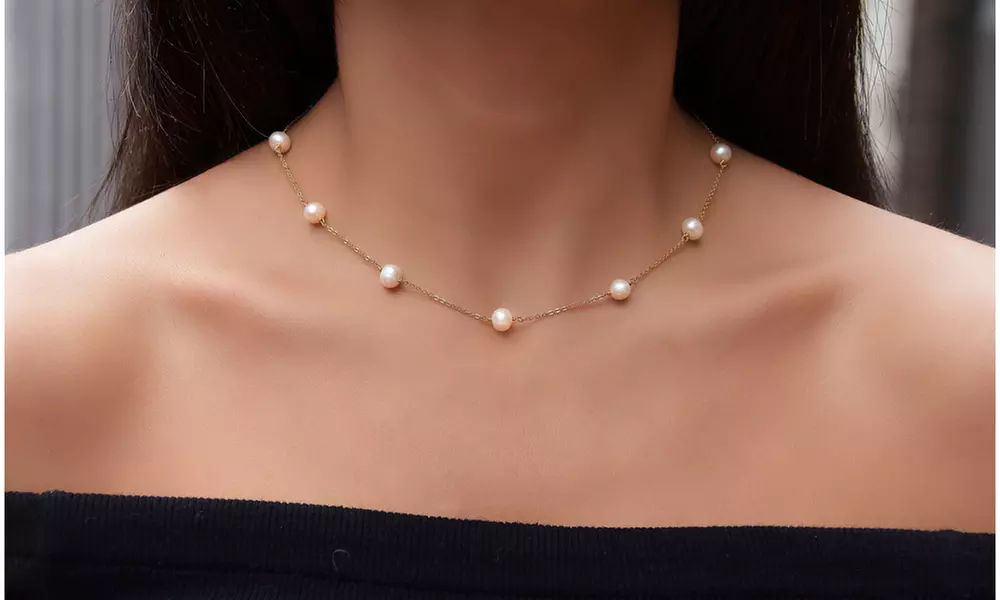 Genuine Freshwater Pearl Station Necklace in Sterling Silver