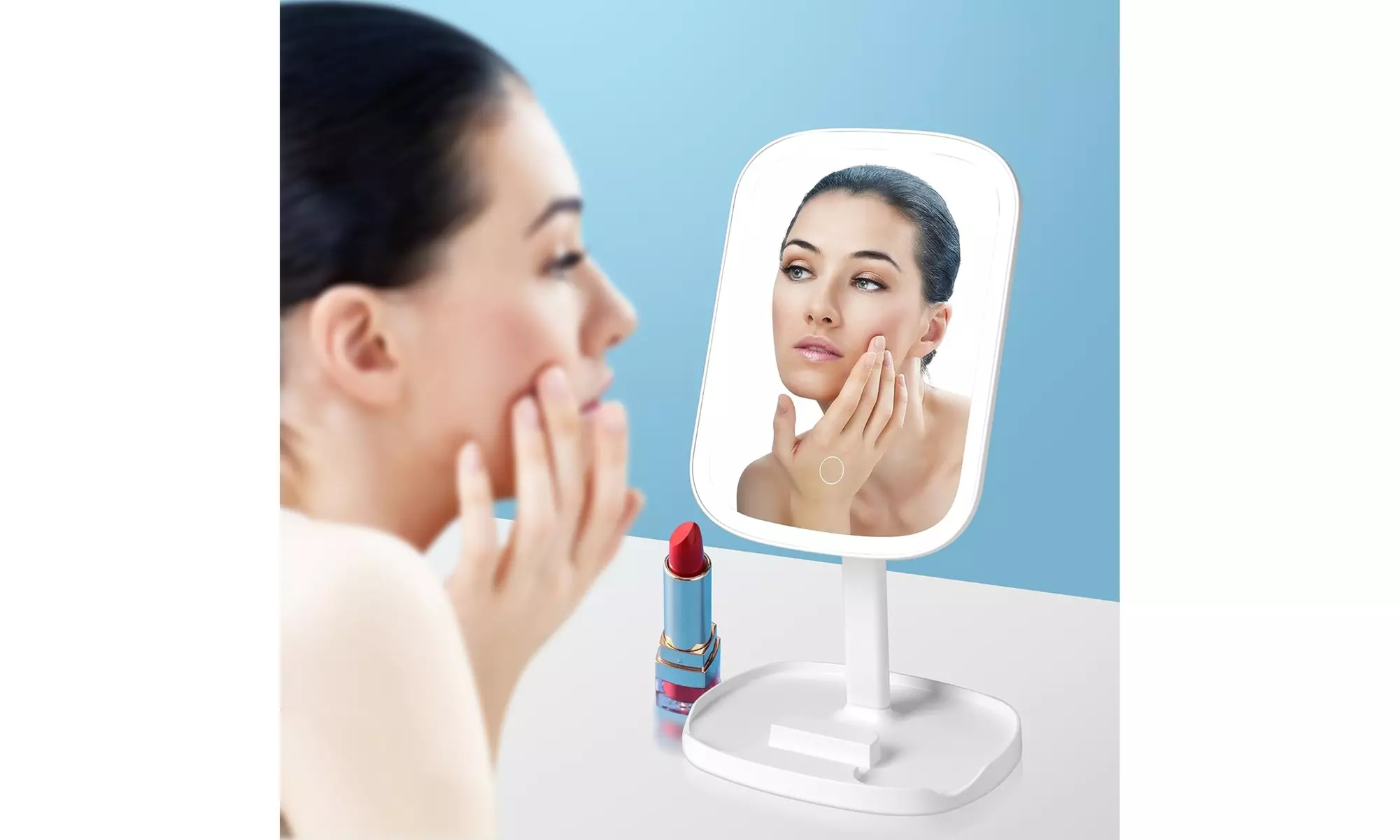 Rechargeable LED Makeup Touchscreen Vanity Mirror with Base Storage
