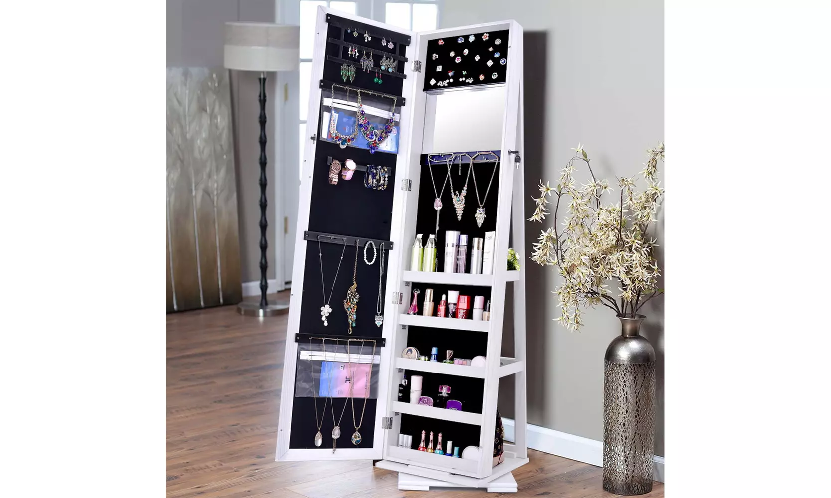 Degree Rotatable Jewelry Cabinet with Full-Length Mirror Lockable Standing  - Primary Image