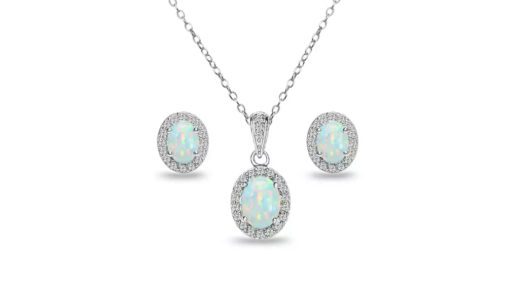 Sterling Silver Synthetic White Opal & Topaz Oval Halo Necklace & Earrings Set - Primary Image