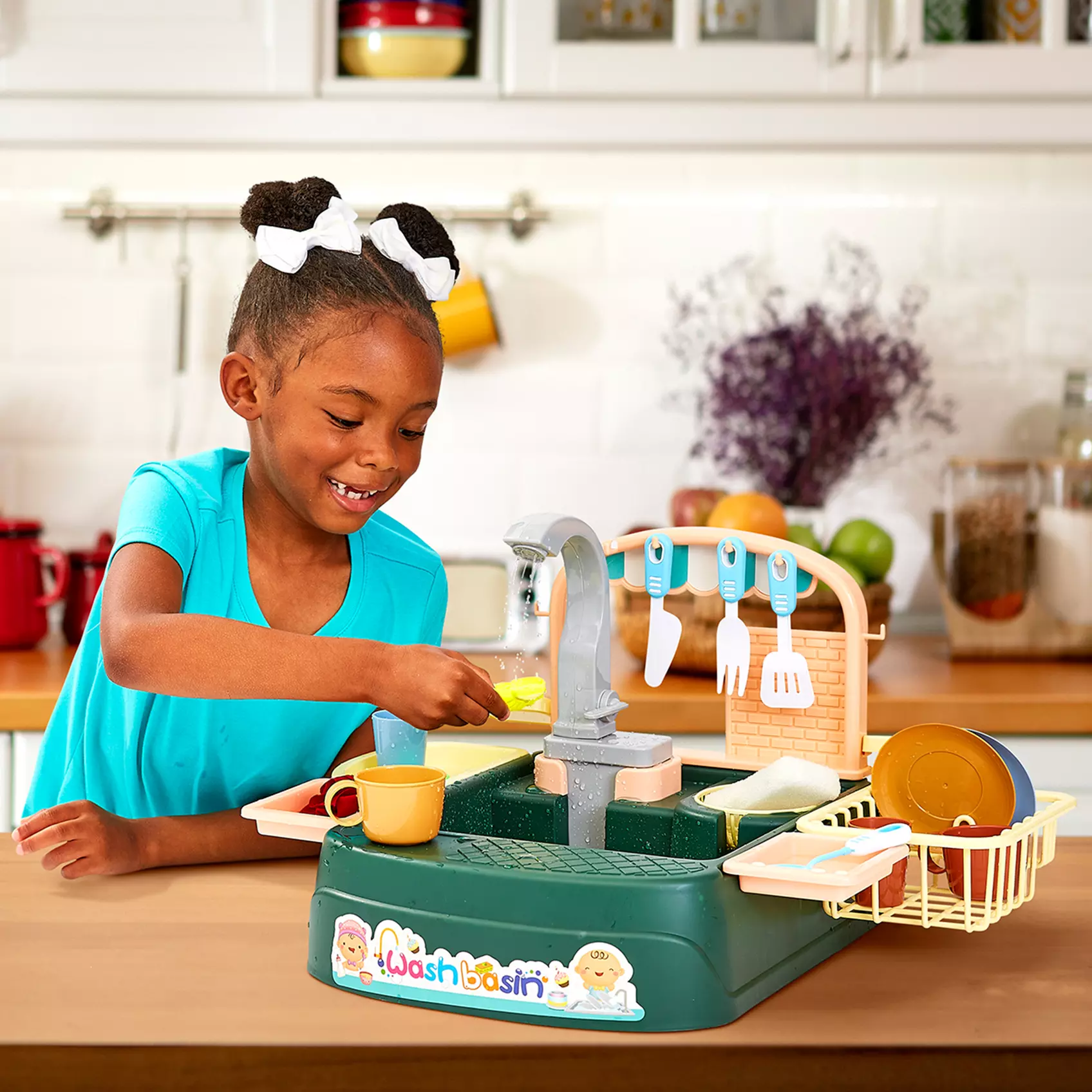 Play Kitchen Set, Functional Sink Water Toy with Automatic Cycling System
