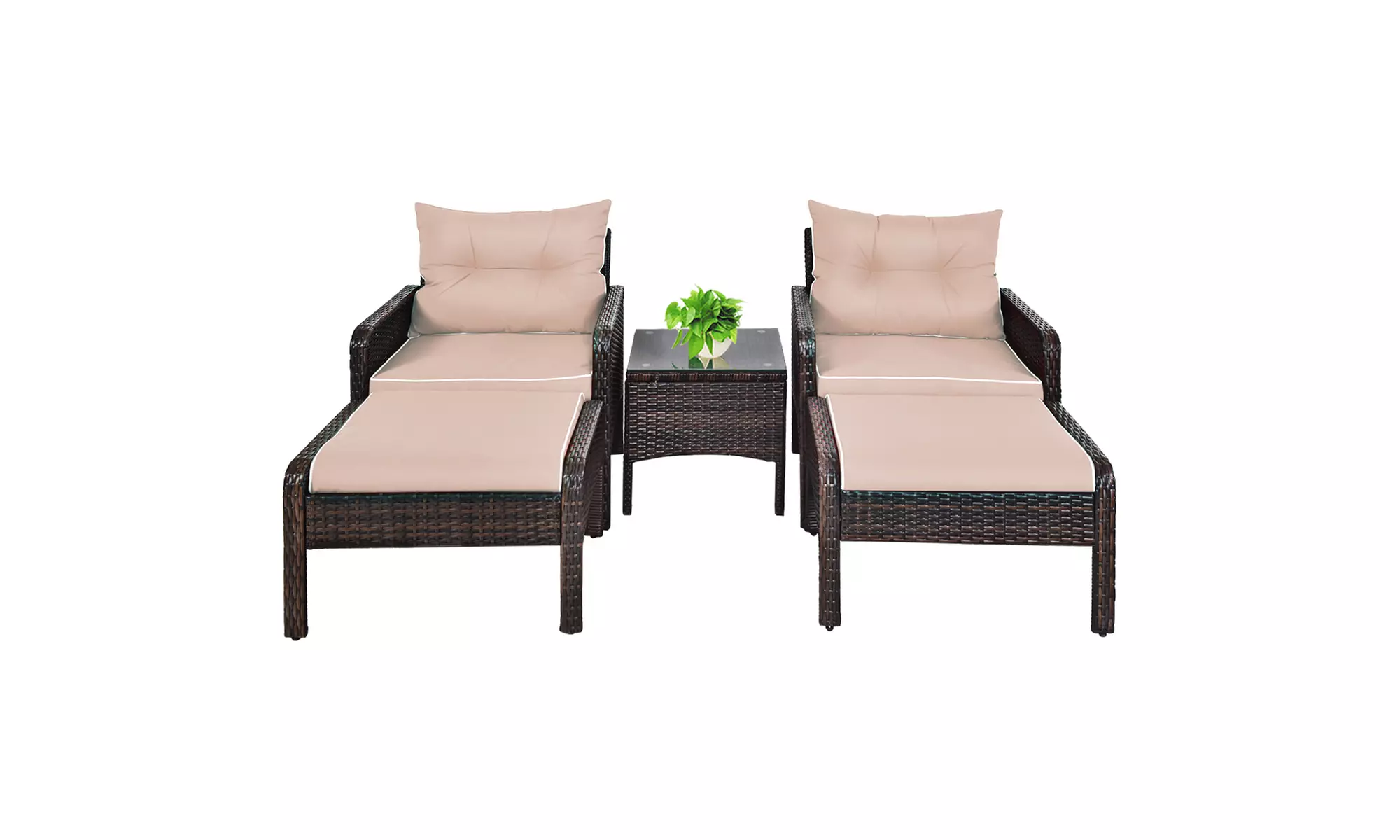 5 PCS Patio Rattan Wicker Furniture Set Sofa Ottoman Coffee Table Cushioned Yard