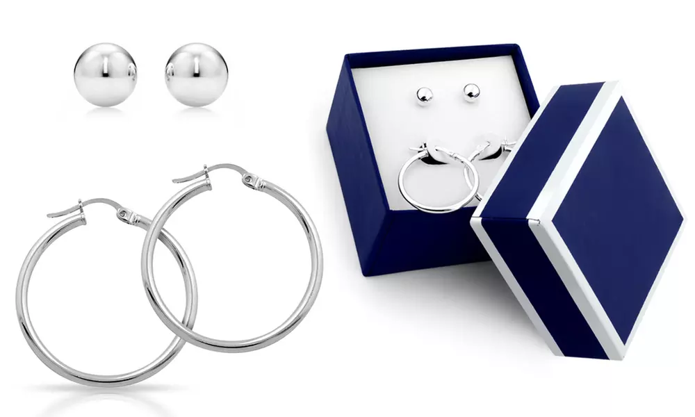 Solid Sterling Silver Ball With Hoop Earring Set With a Gift Box By MUIBLU Gems