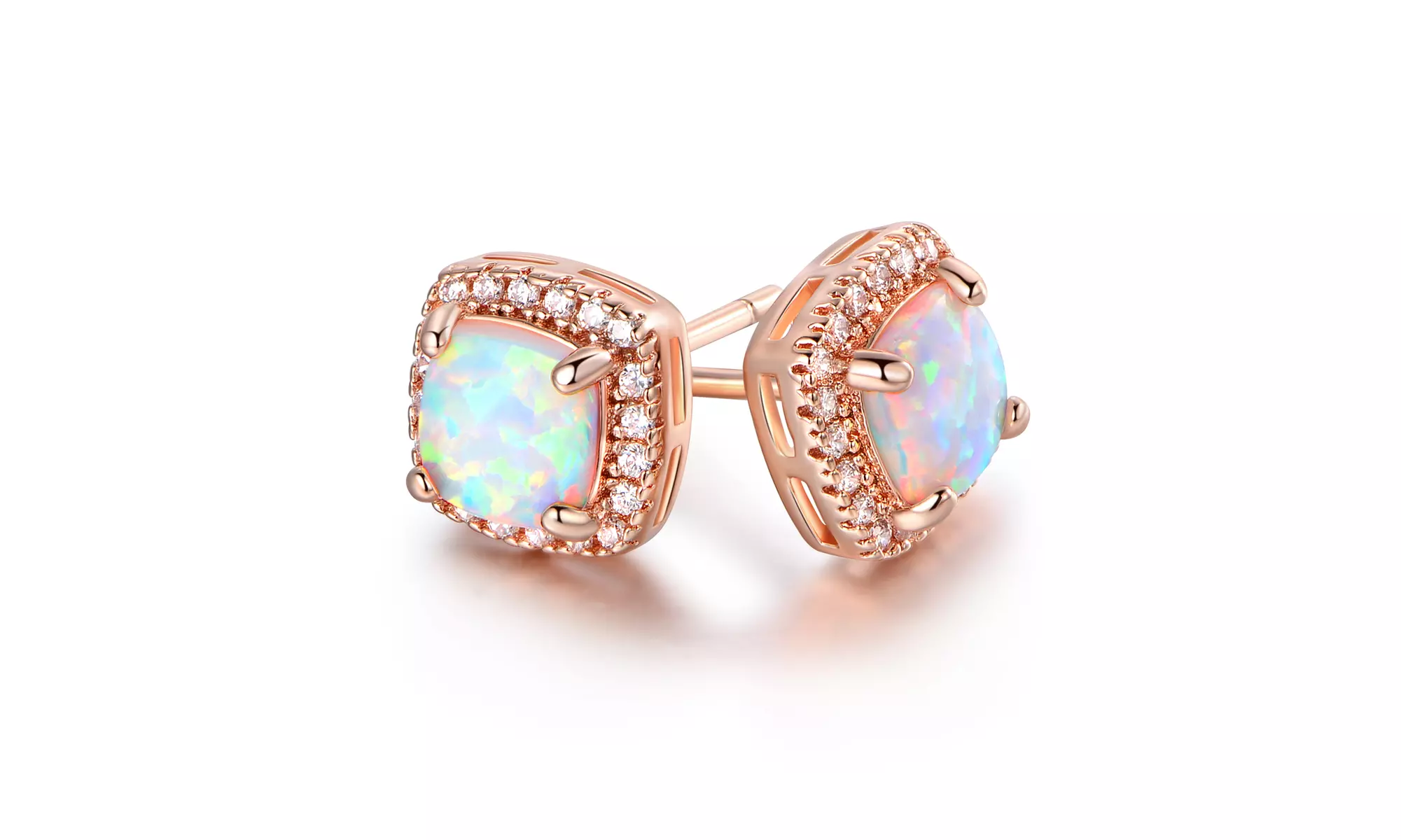 18K Rose Gold Princess-Cut White Fire Opal Stud Earrings by Peermont Jewelry
