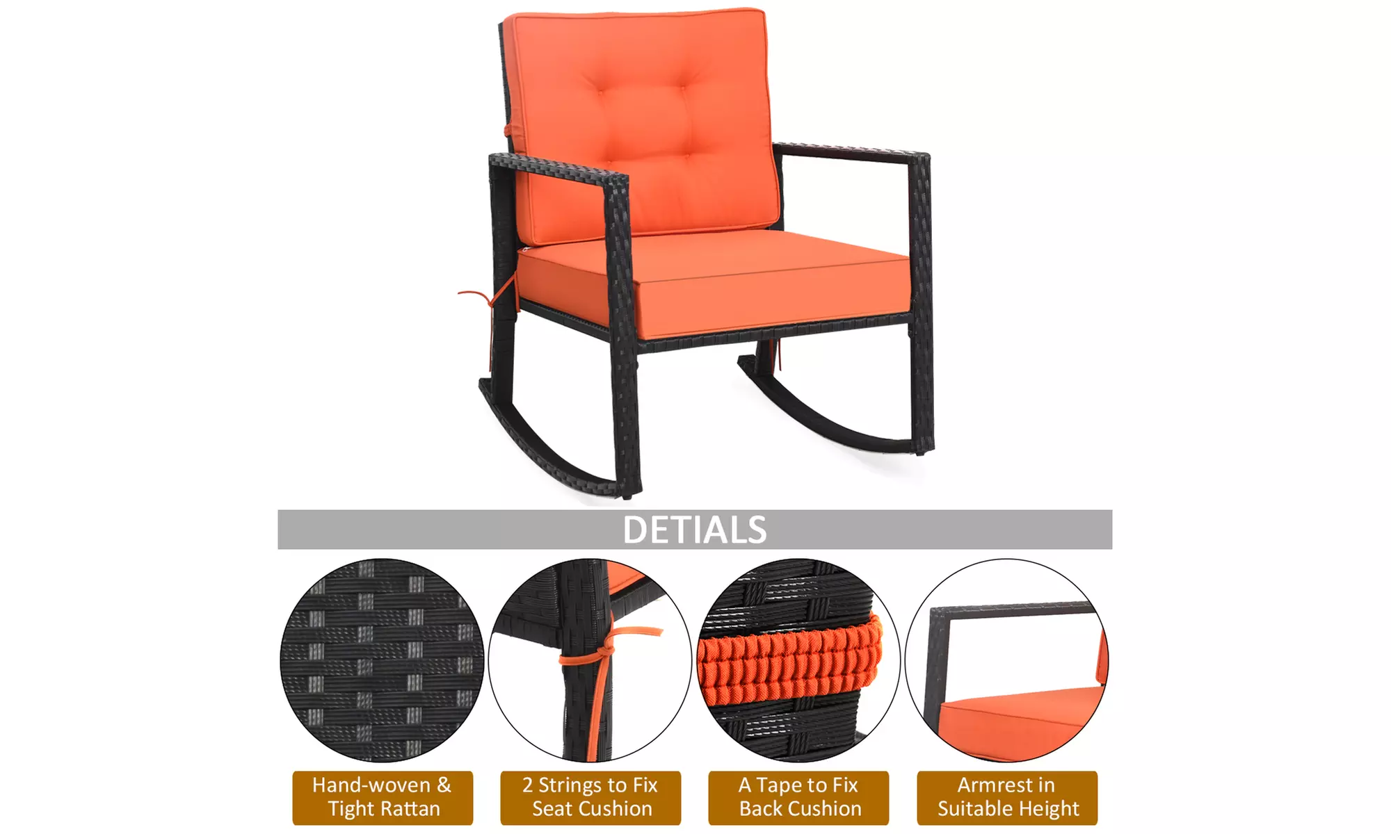 Costway Patio Rattan Rocker Chair Outdoor Glider Wicker Rocking Chair Cushion