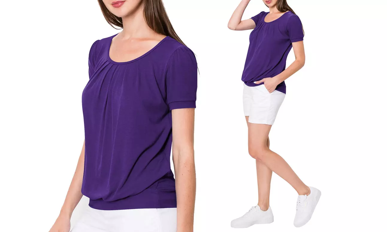 Made by Johnny Women's Scoop Neck Short Sleeve Front Pleated Blouse