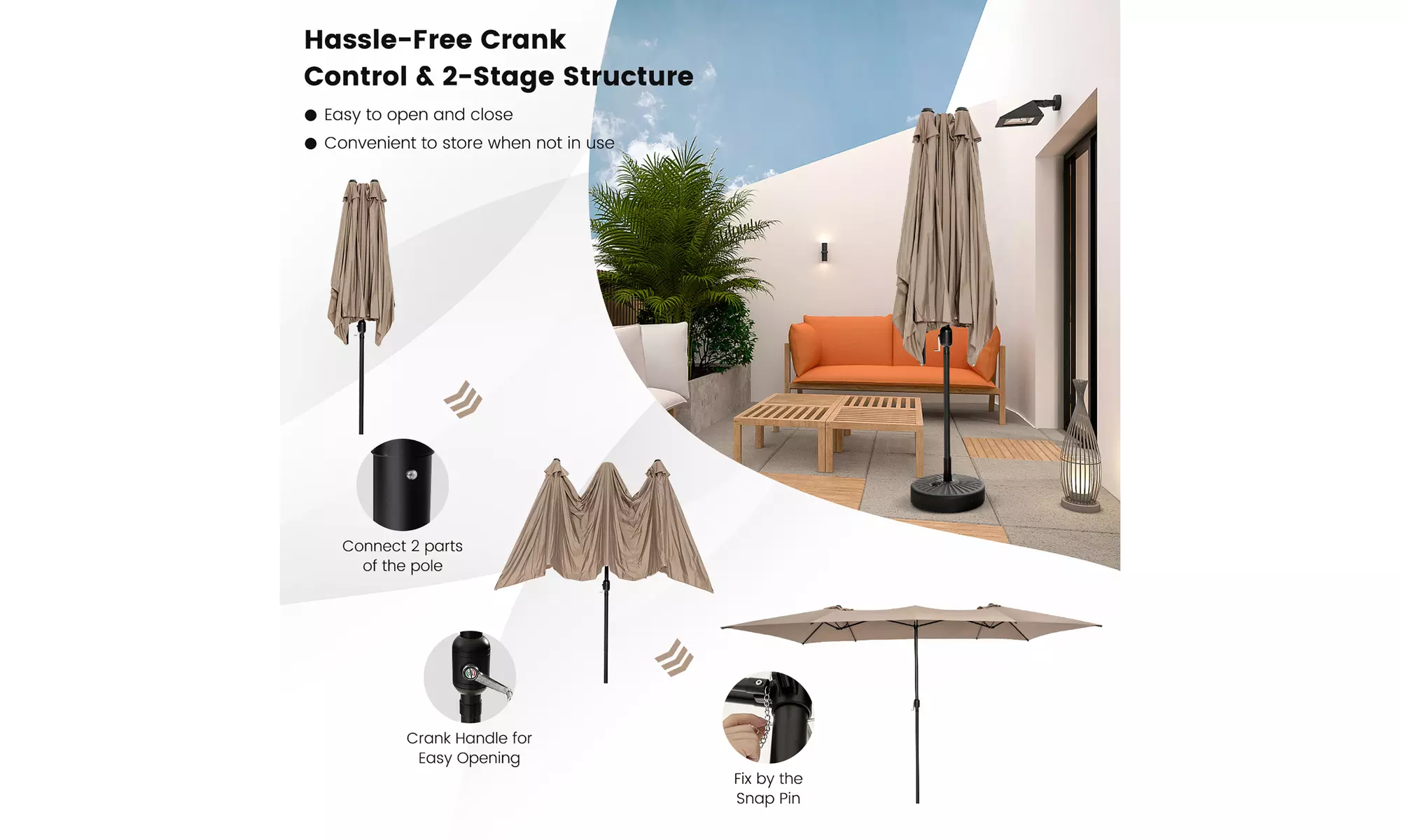 Costway 15FT Double-Sided Patio Market Umbrella Large Crank Handle Vented