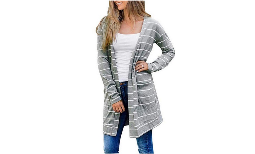 Image 4: Women Striped Cardigan Open Front Long Sleeve Knit Sweaters Coats 