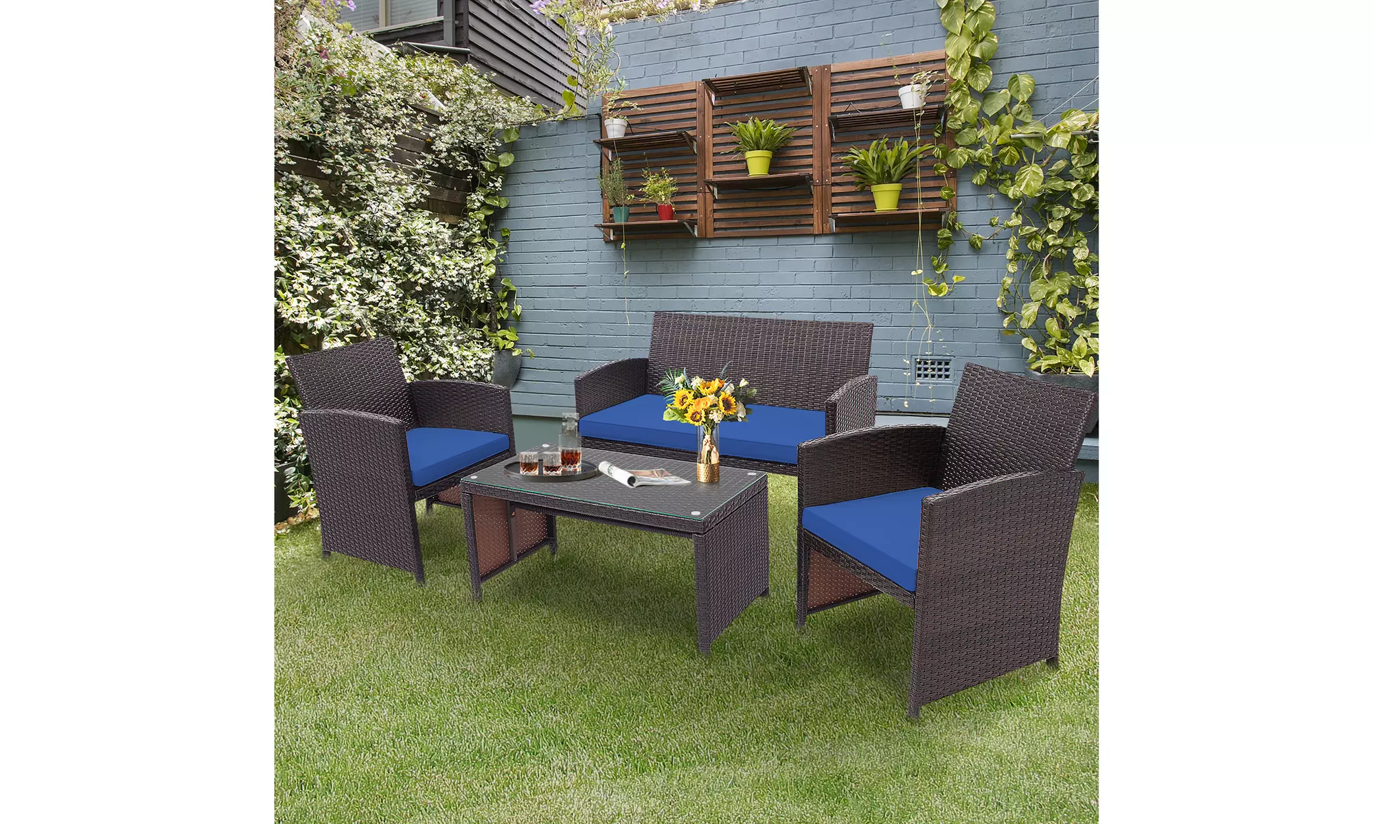 Costway 4PCS Patio Rattan Furniture Set Cushioned Chair Sofa Coffee Table Navy