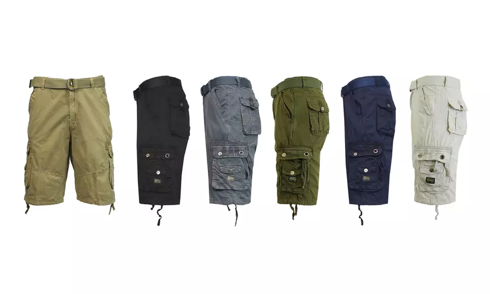 Men's Washed Cotton Slim-Fit Belted Cargo Military Shorts - Primary Image