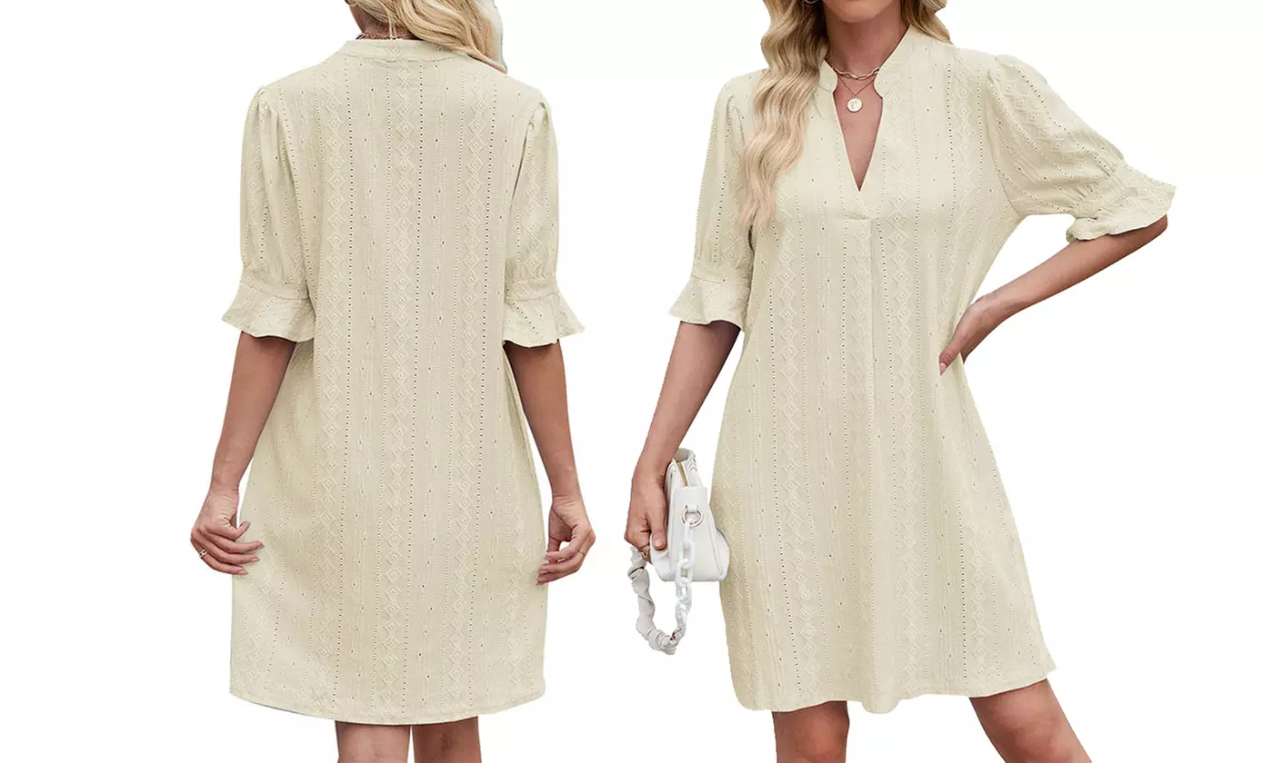 Women's V Neck Ruffled Half Sleeves Shift Dress Flowy Summer Beach Cover Up
