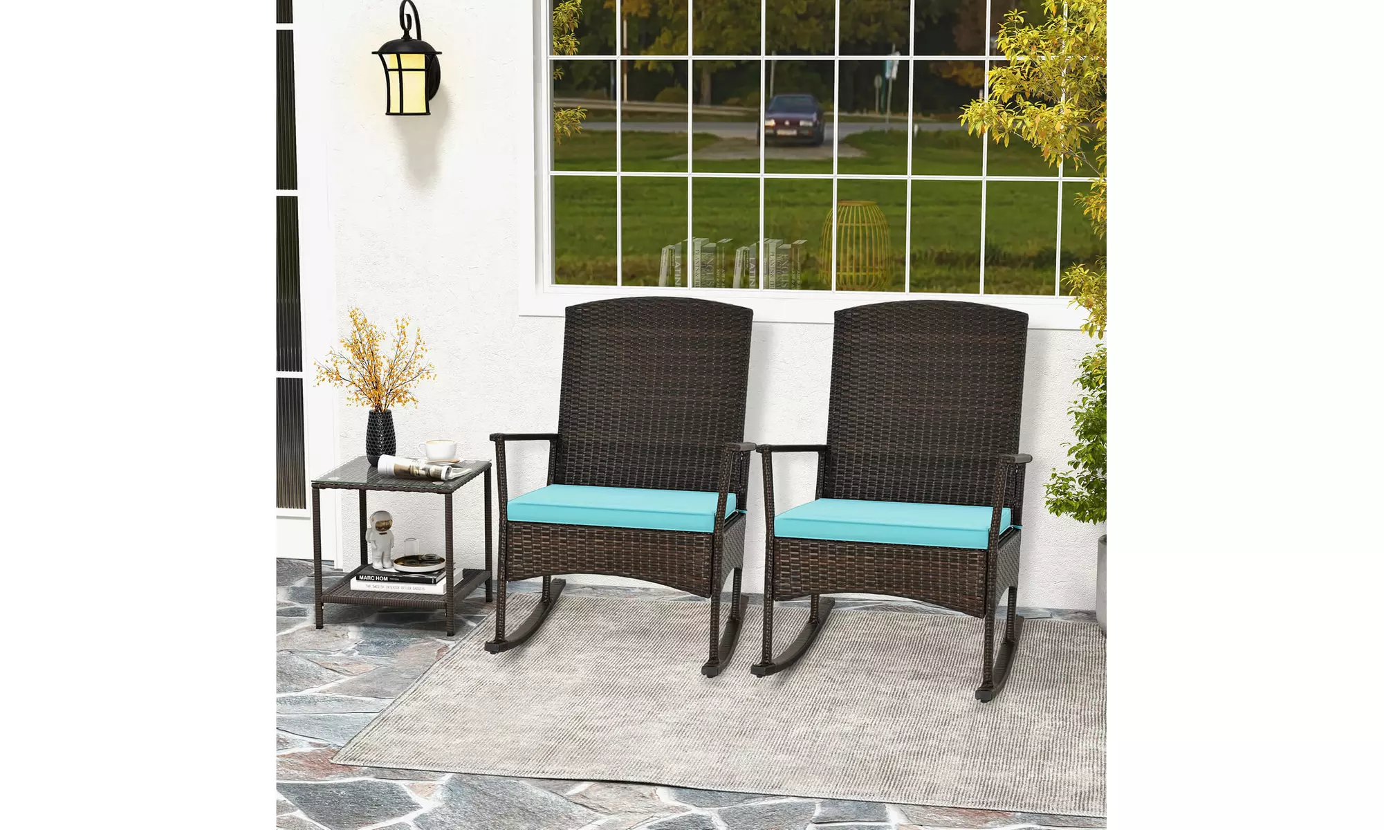 Costway 3 Piece Wicker Patio Set With Rocking Chairs & 2-Tier Coffee Table