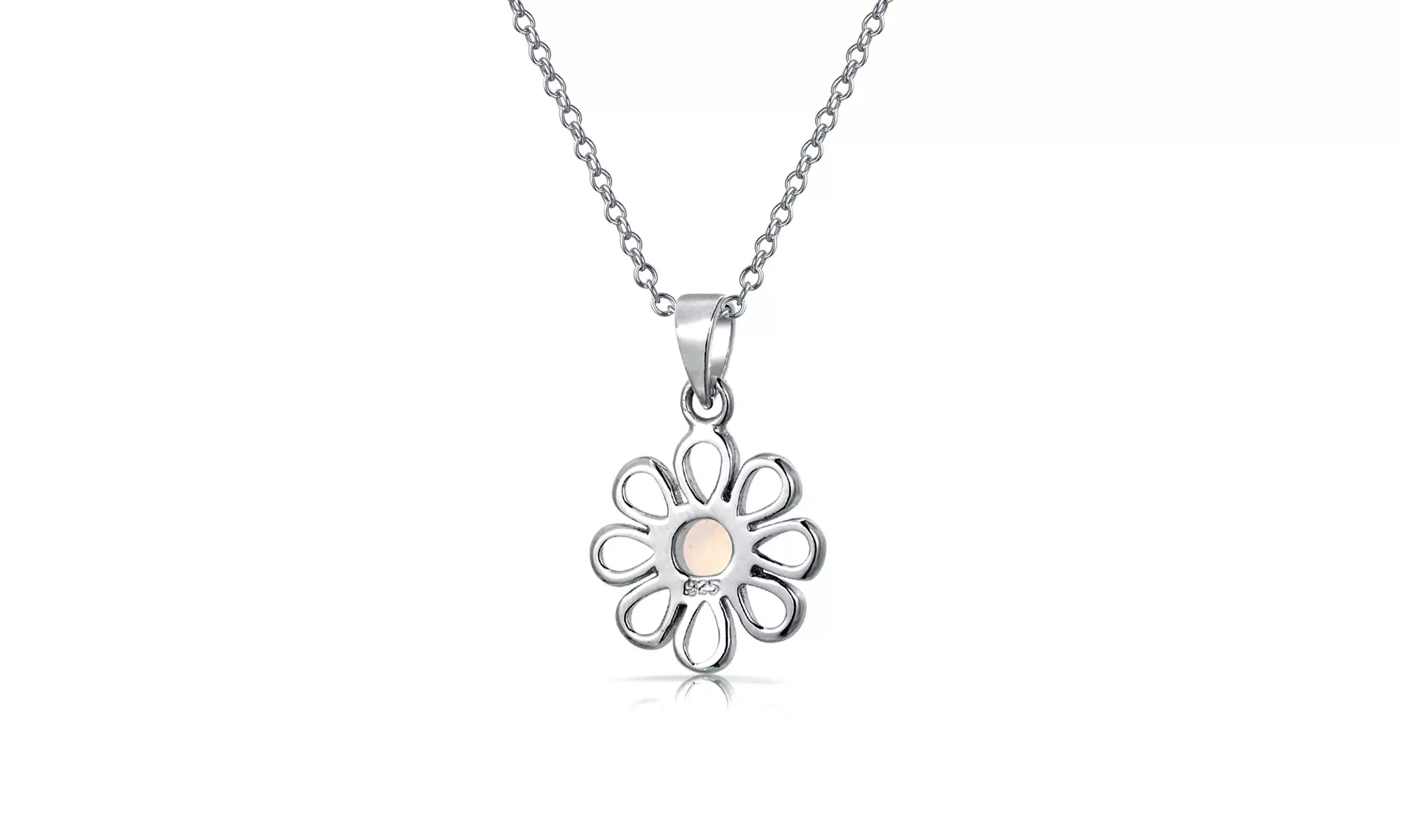 Daisy Flower White Created Opal Pendant Sterling Silver Necklace - Second Medium