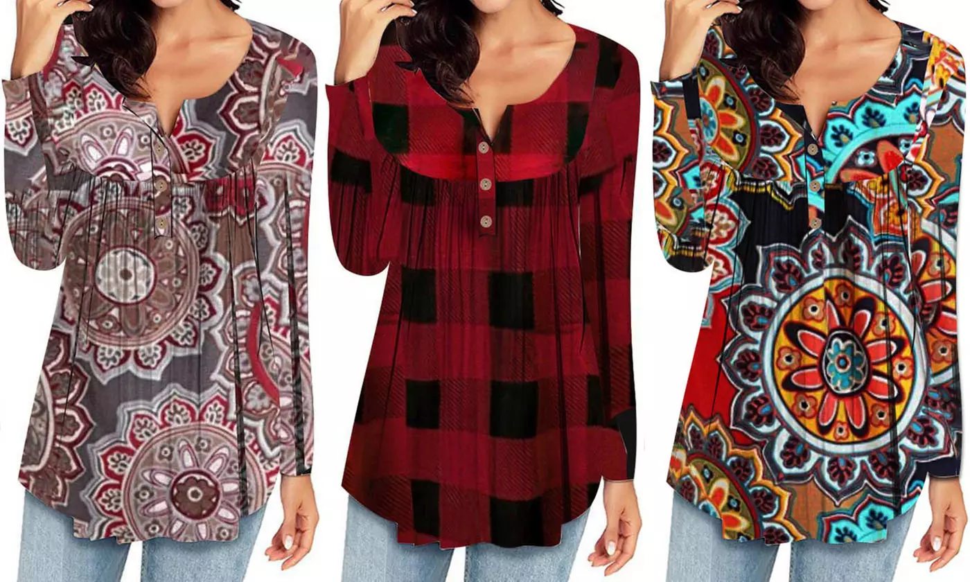 Womens Sexy Print Leisure Button Long-Sleeve Blouse Tunics Floral Printed - Primary Image