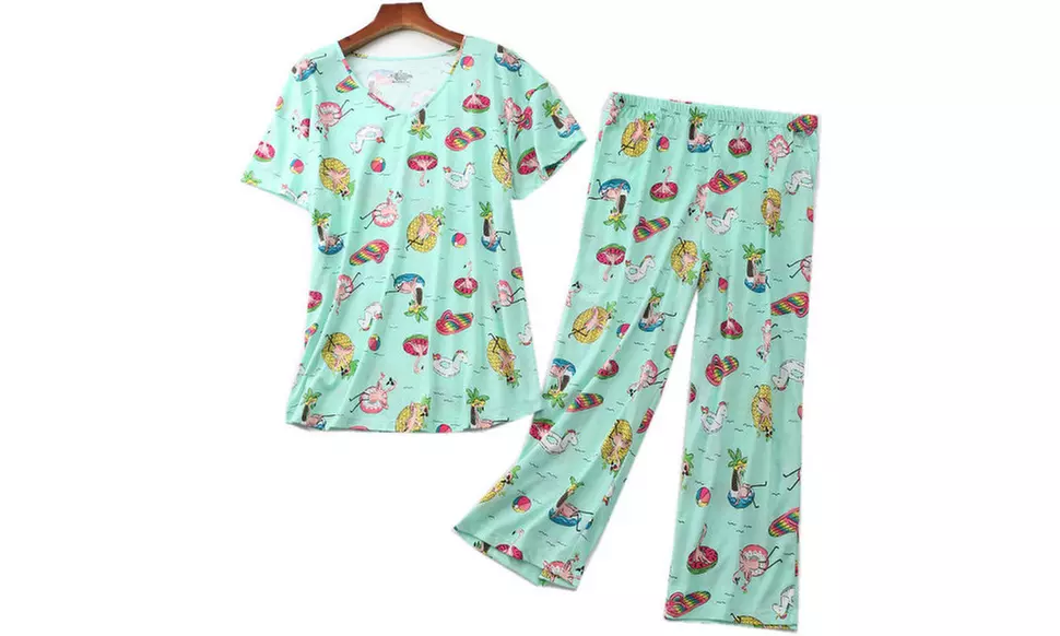 Women Summer Fun Prints Pajama Set Tops Capri Pants Casual Sleepwear