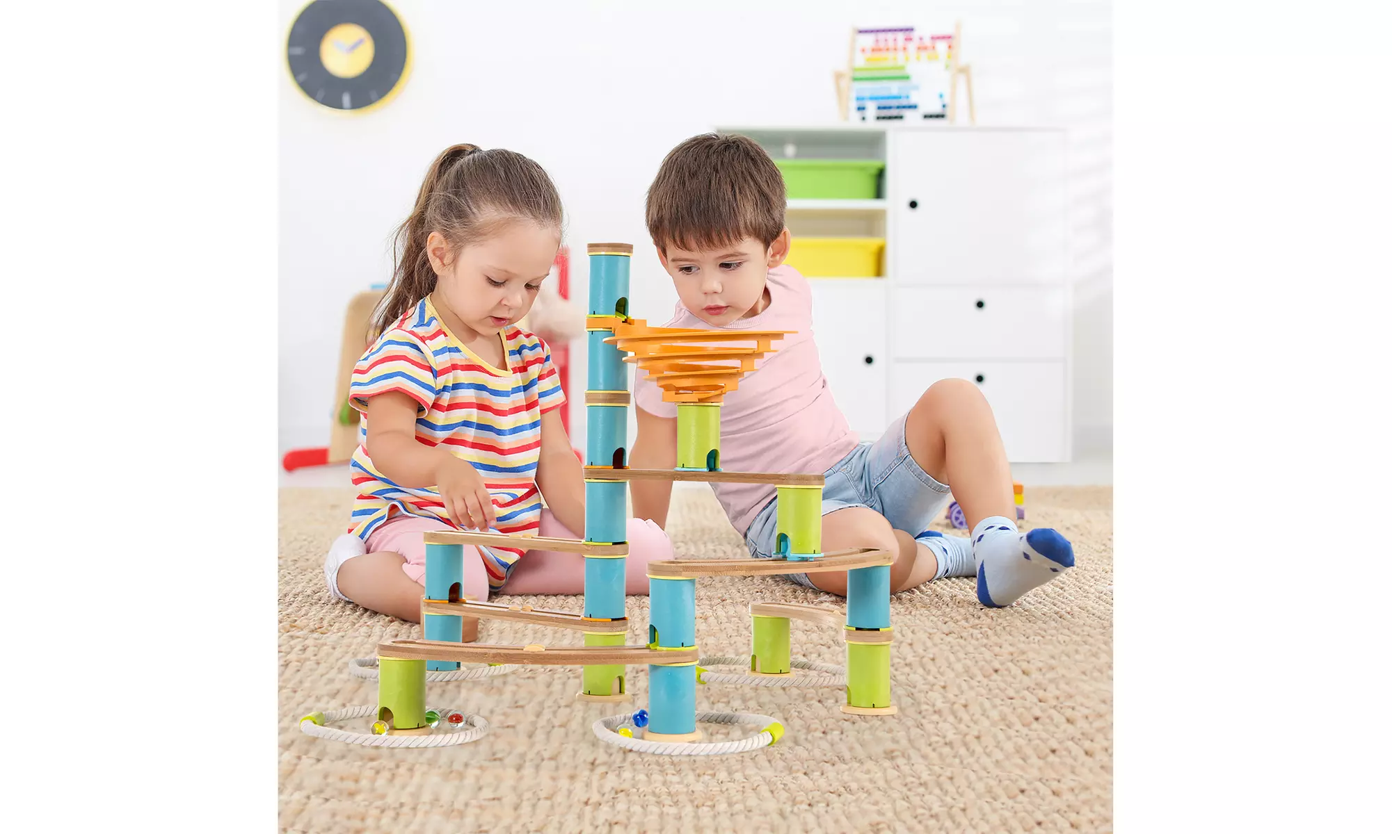 Costway Wooden Marble Run Construction 111PCS STEM Educational Learning Toys