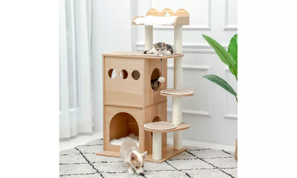 Modern Cat Tree Wooden Multi-Level Cat Tower Deeper Version Of Cat Sky Castle - Primary Image