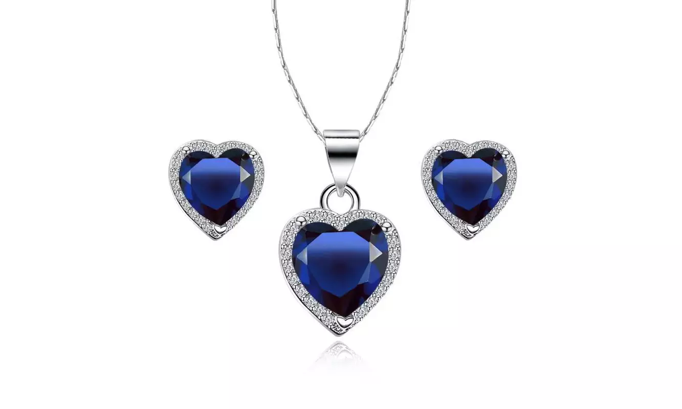 18k White Gold Plated Heart Created Blue Sapphire Full Set Necklace 18 inch - Primary Image