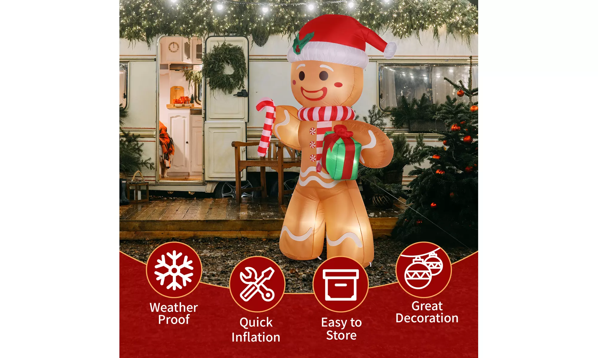 8ft 5 LED Lights Gingerbread Man Holding Gift Garden Gingerbread Man Decoration