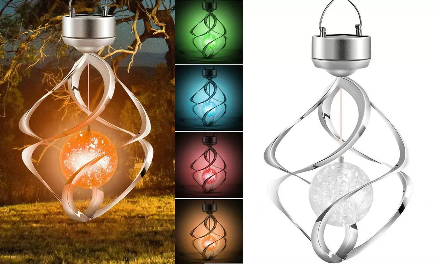 Solar Powered Spiral Wind Spinner Color Changing LED Light Wind Chimes Lamp Yard - Primary Image