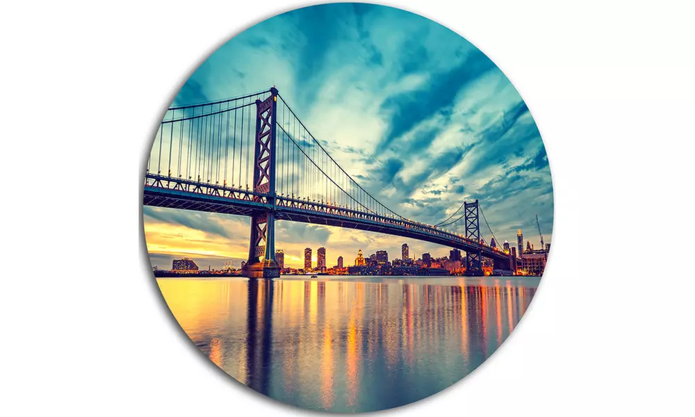 Ben Franklin Bridge in Philadelphia' Ultra Glossy Cityscape Metal Circle - Second Medium