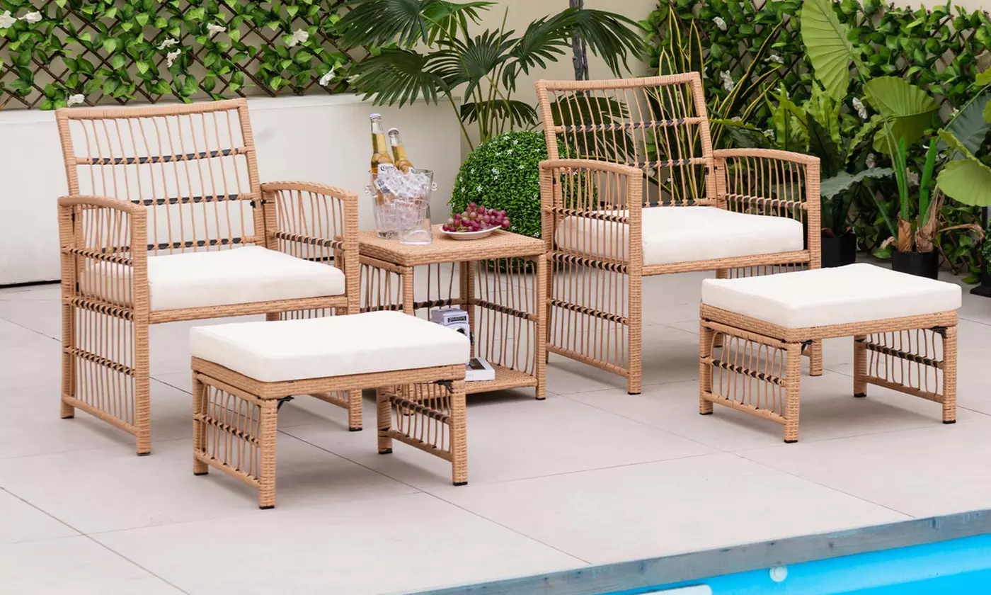 5 Piece Patio Rattan Wicker Conversation Set w/ Coffee Table & 2 Ottomans - Primary Image