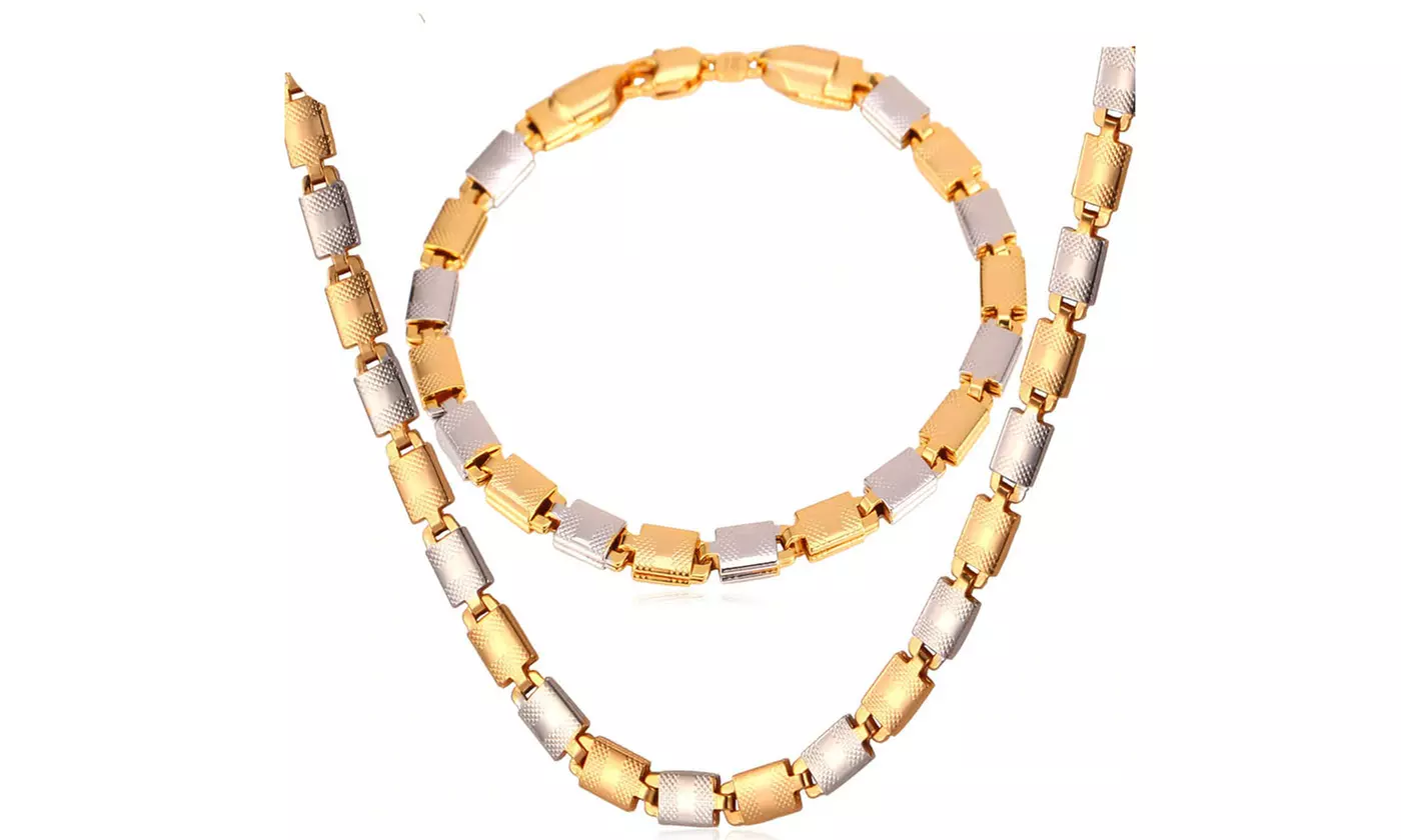 Gold Color Unisex Chain Necklace Bracelet Party Jewelry Set - Second Medium