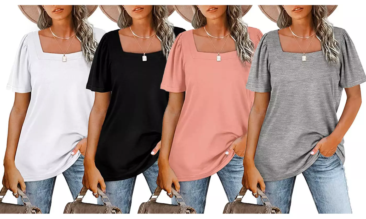 Women Summer Casual Square Neck Puff Sleeve T Shirts Loose Fit Tops - Primary Image
