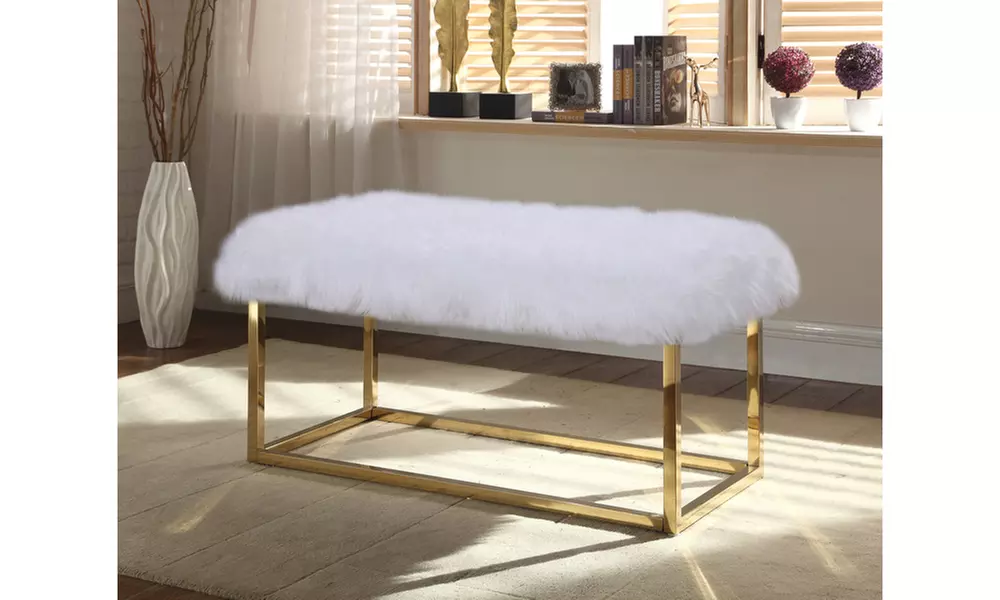 Sophia Modern Faux-Fur Ottoman Bench with Chrome-Metal Frame  - Primary Image