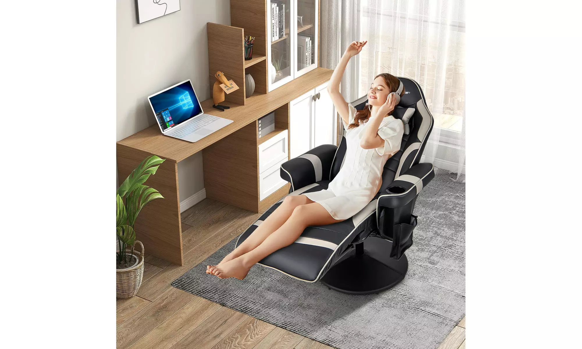 Costway Massage Gaming Chair - Adjustable Racing Swivel Chair with Cup Holder