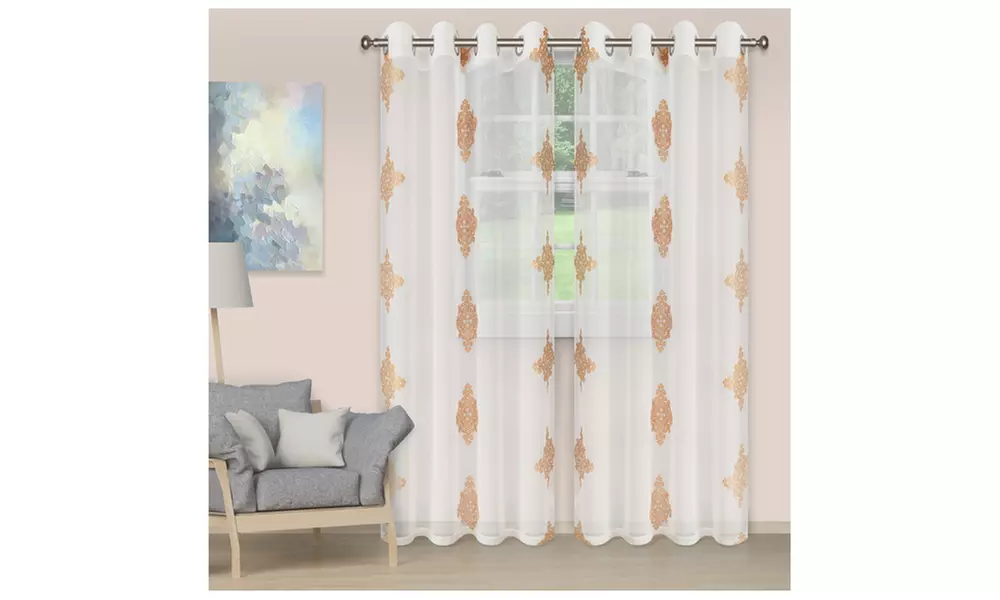 Chocolate Gold Embroidered Sheer Curtain Set (52x63, 52x84, 52x96, 52x108) - Primary Image