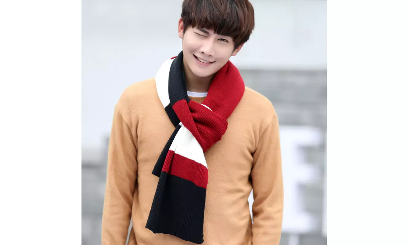 Mens Winter Knit Scarf Color Block Long Striped Scarf Knit Fashion Scarves  - Primary Image