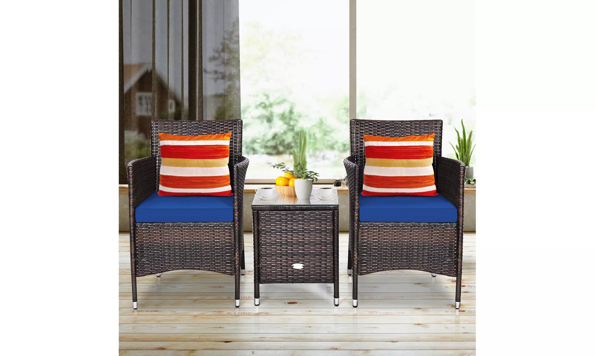 Costway Outdoor 3 PCS PE Rattan Wicker Furniture Sets Chairs Coffee Table Garden
