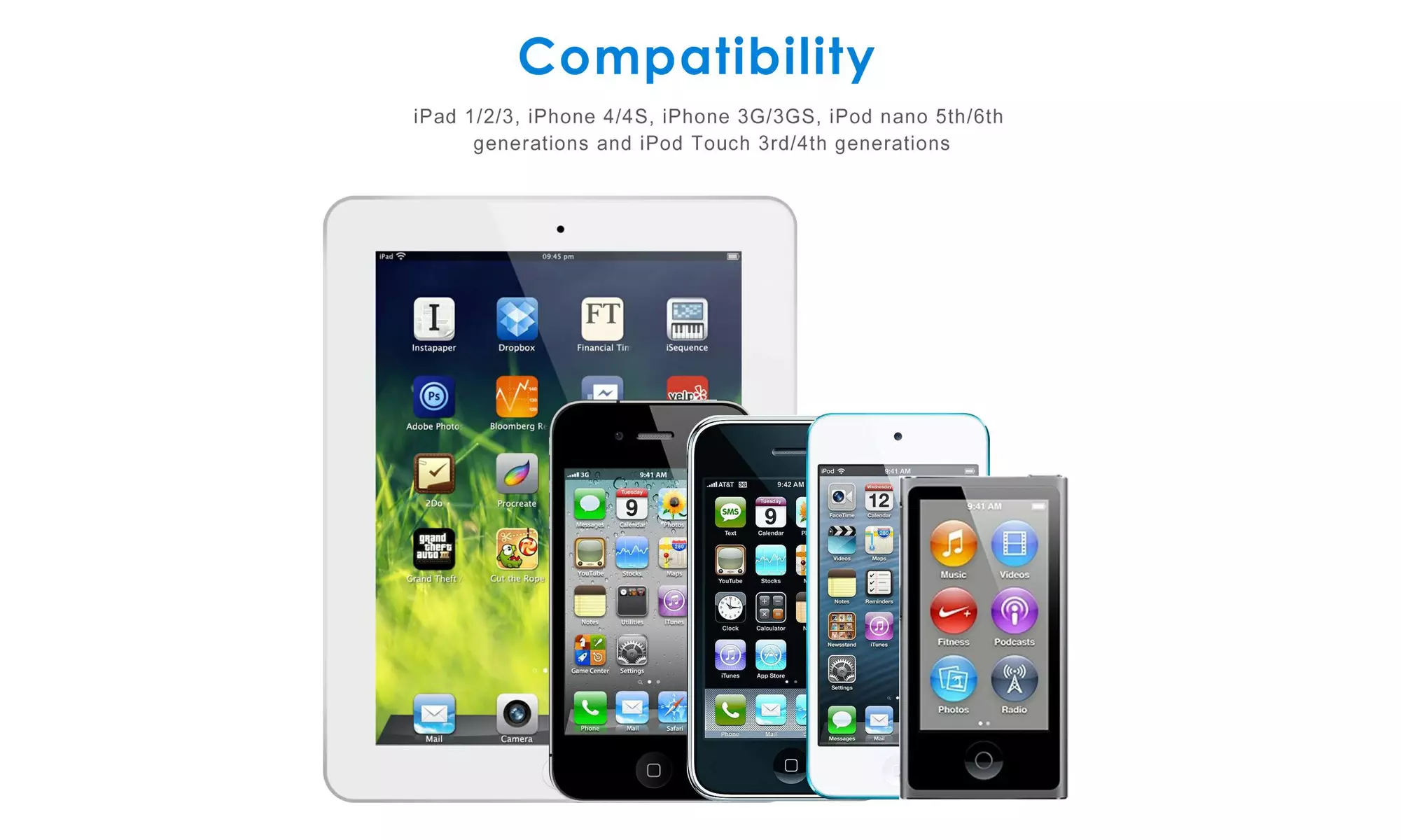 USB Sync and Charging Cable for iPhone 4/4s/3G/3GS, iPad 1/2/3, iPod, 3.3 Feet