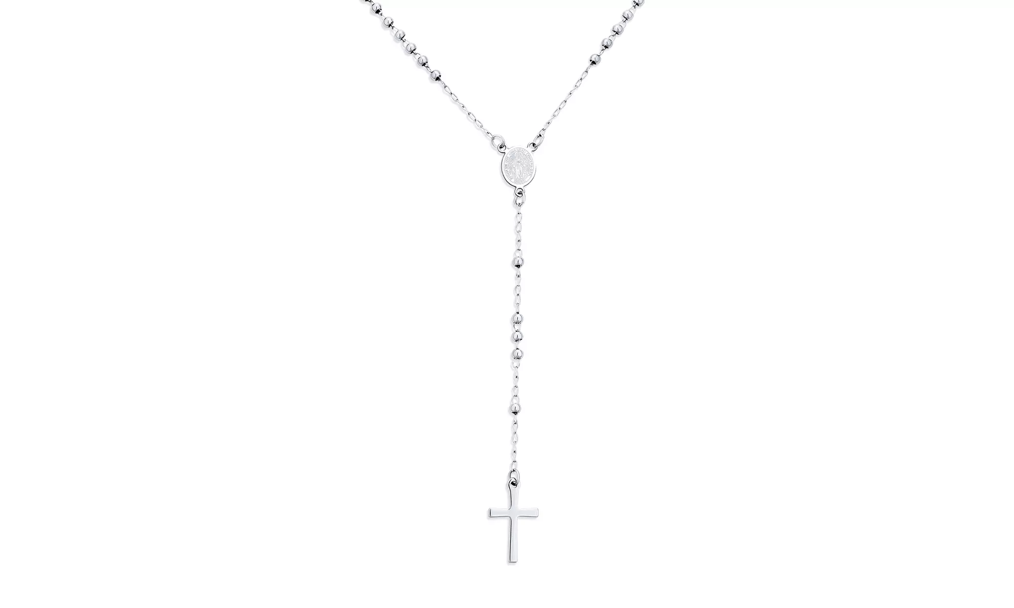 Delicate 2MM Virgin Mary Rosary Heart Cross Necklace Stainless Steel - Primary Image