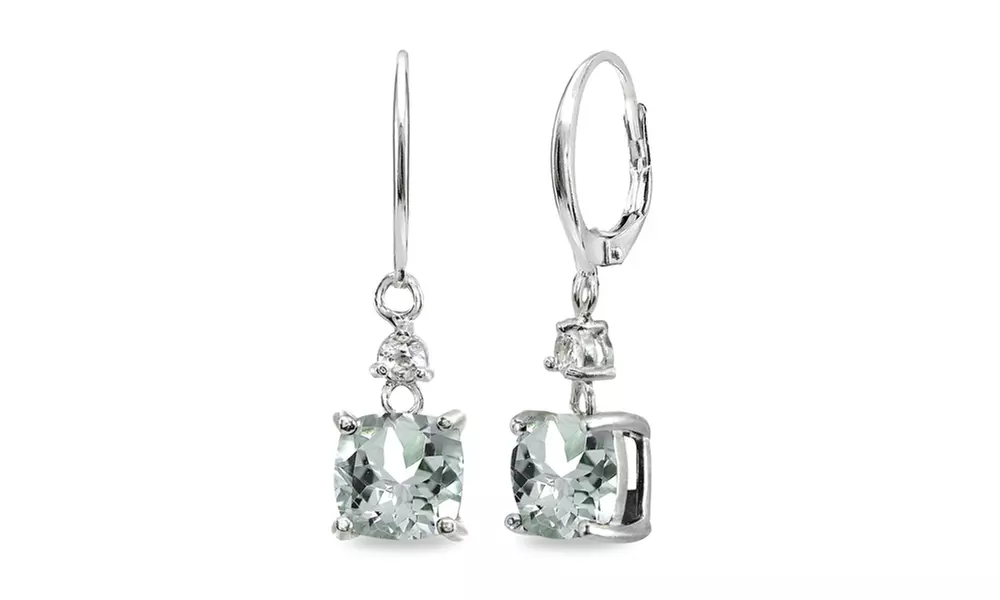 Cushion-cut Light Aquamarine & White Topaz 925 Silver Dangle Leverback Earrings - Primary Image
