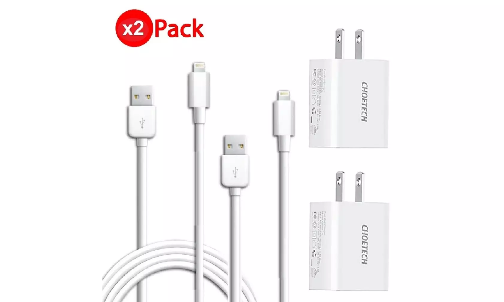 Apple-Certified 6.6 ft Lightning to USB Cable with Wall Charger (1,2, or 5-Pack)