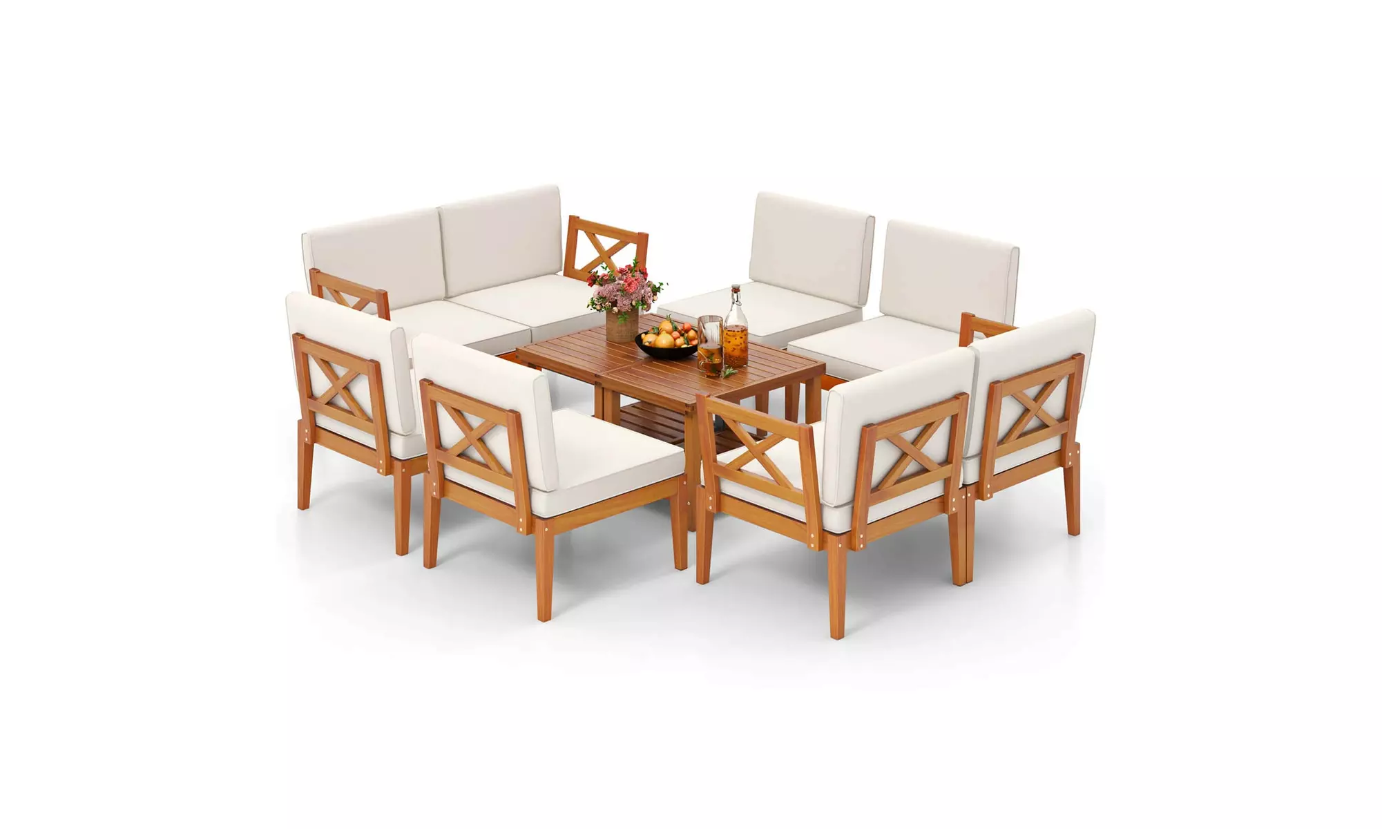 Costway Acacia Wood Patio Furniture Set with Cushions and 2-Tier Coffee Table