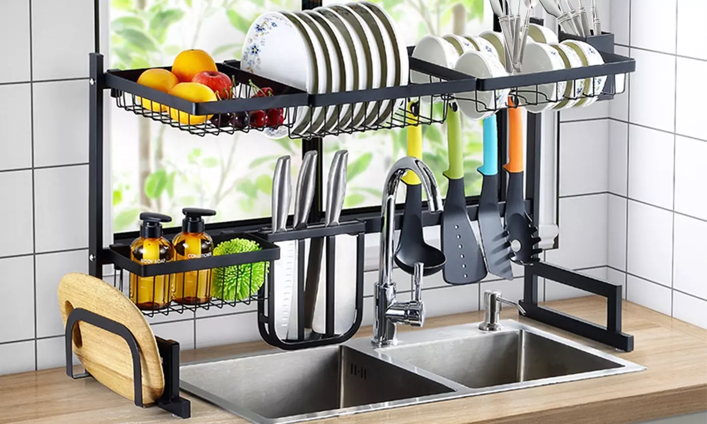 NewHome Over the Sink 2-Tier Dish Rack and Utensil Holder Organizer
