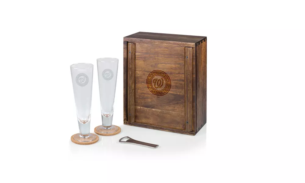 Picnic Time MLB Pilsner Beer Glass Set with Acacia Wood Box - Primary Image