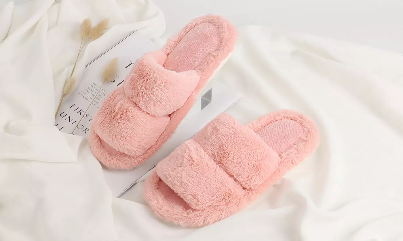 Women Fuzzy Two Band Comfy Faux Fur House Slides Open Toe Slippers - Primary Image