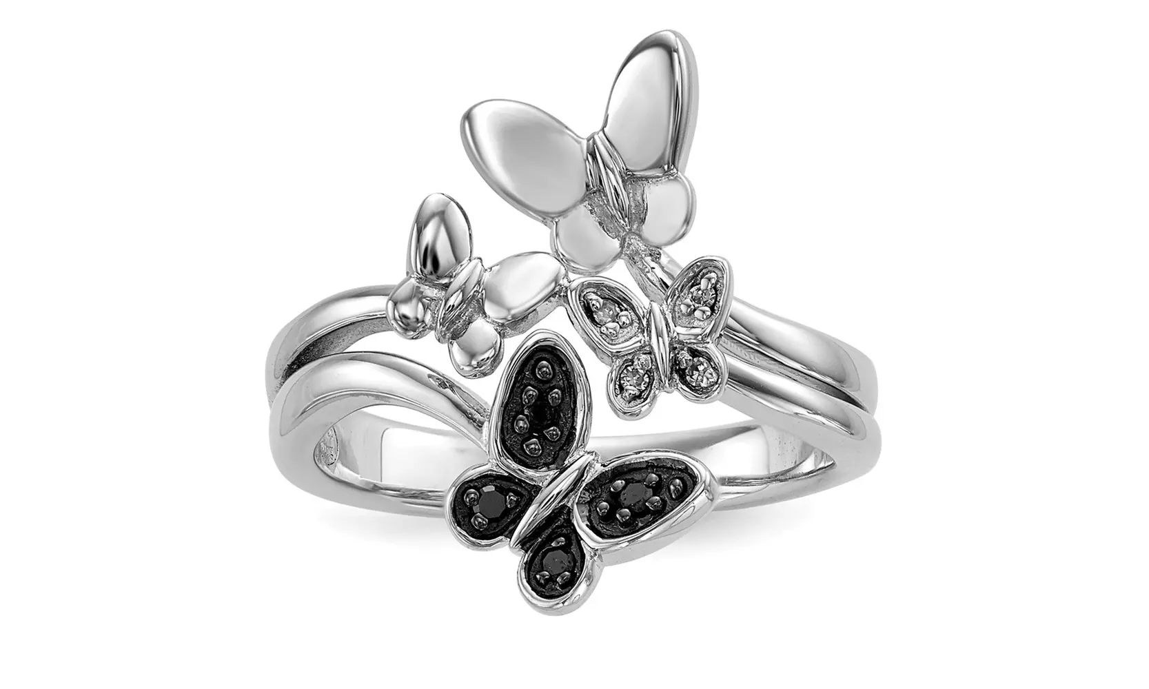 Sterling Silver W/ Rhodium-plated White & Black Diamond Butterfly Ring - Primary Image