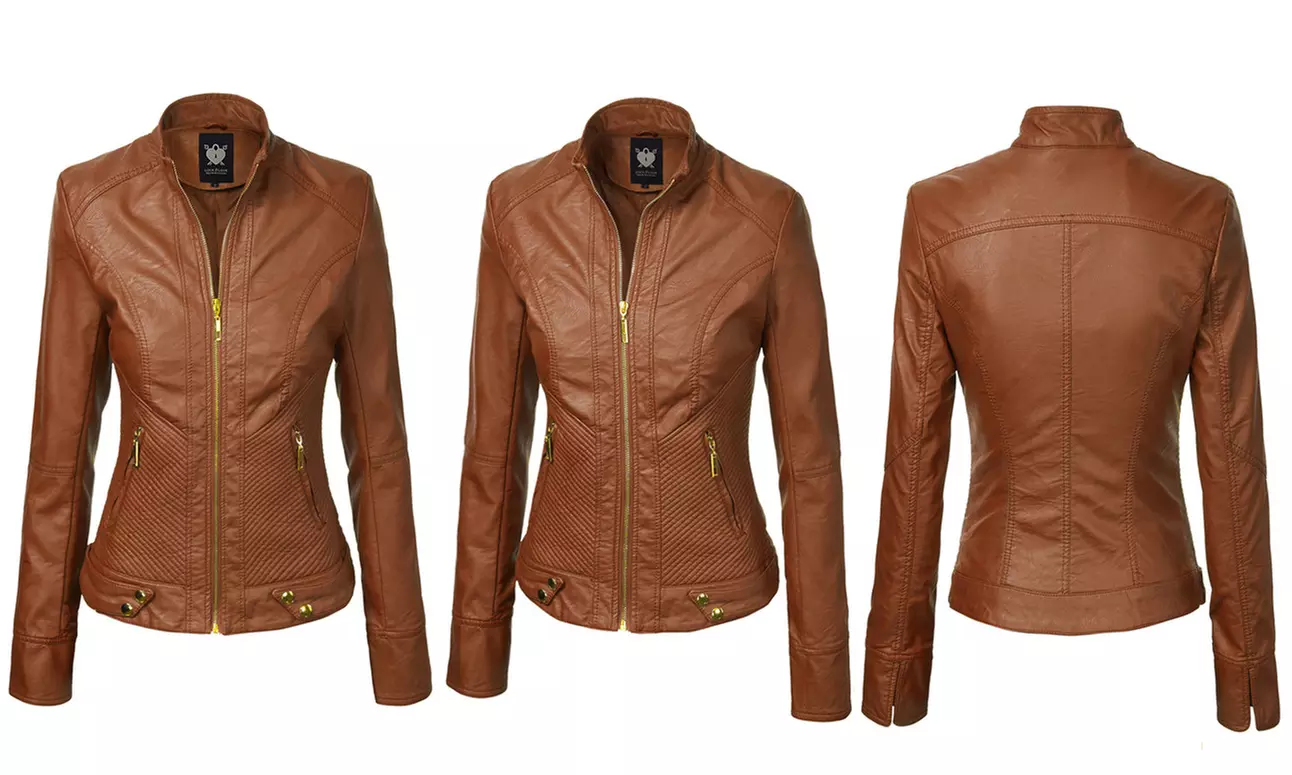 Made By Johnny Womens Faux Leather Zip Up Moto Biker Jacket