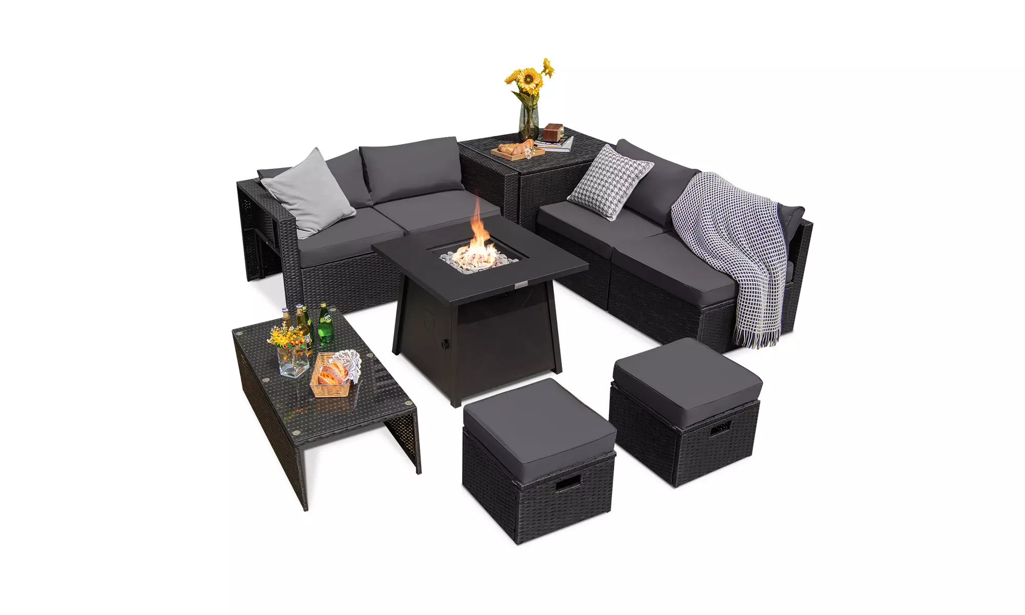 Costway 9PCS Patio Rattan Furniture Set Fire Pit Space-saving W/Cover  Cushion