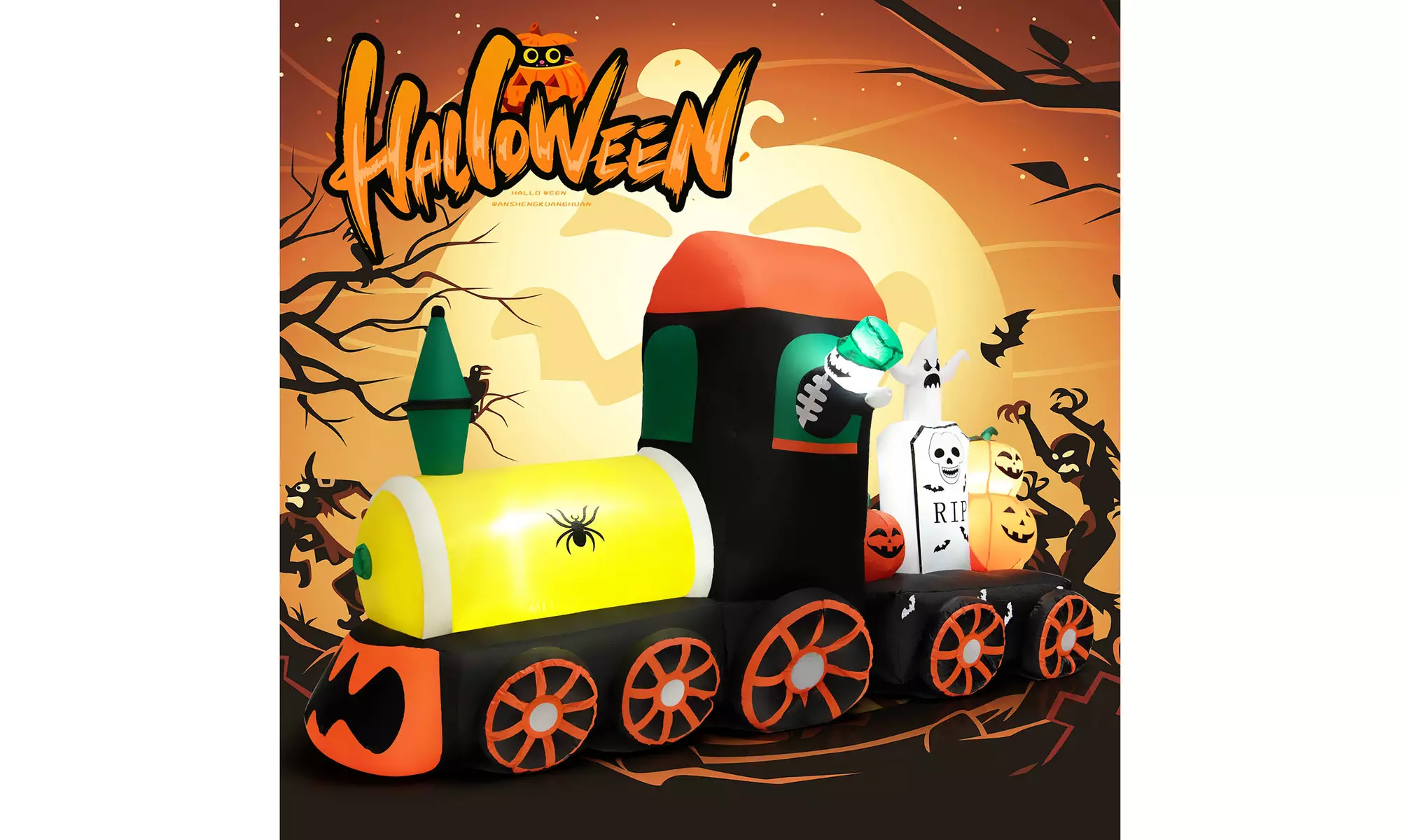 8ft Long Halloween Inflatable Skeleton Ride on Train LED Lighted Halloween Decor - Primary Image