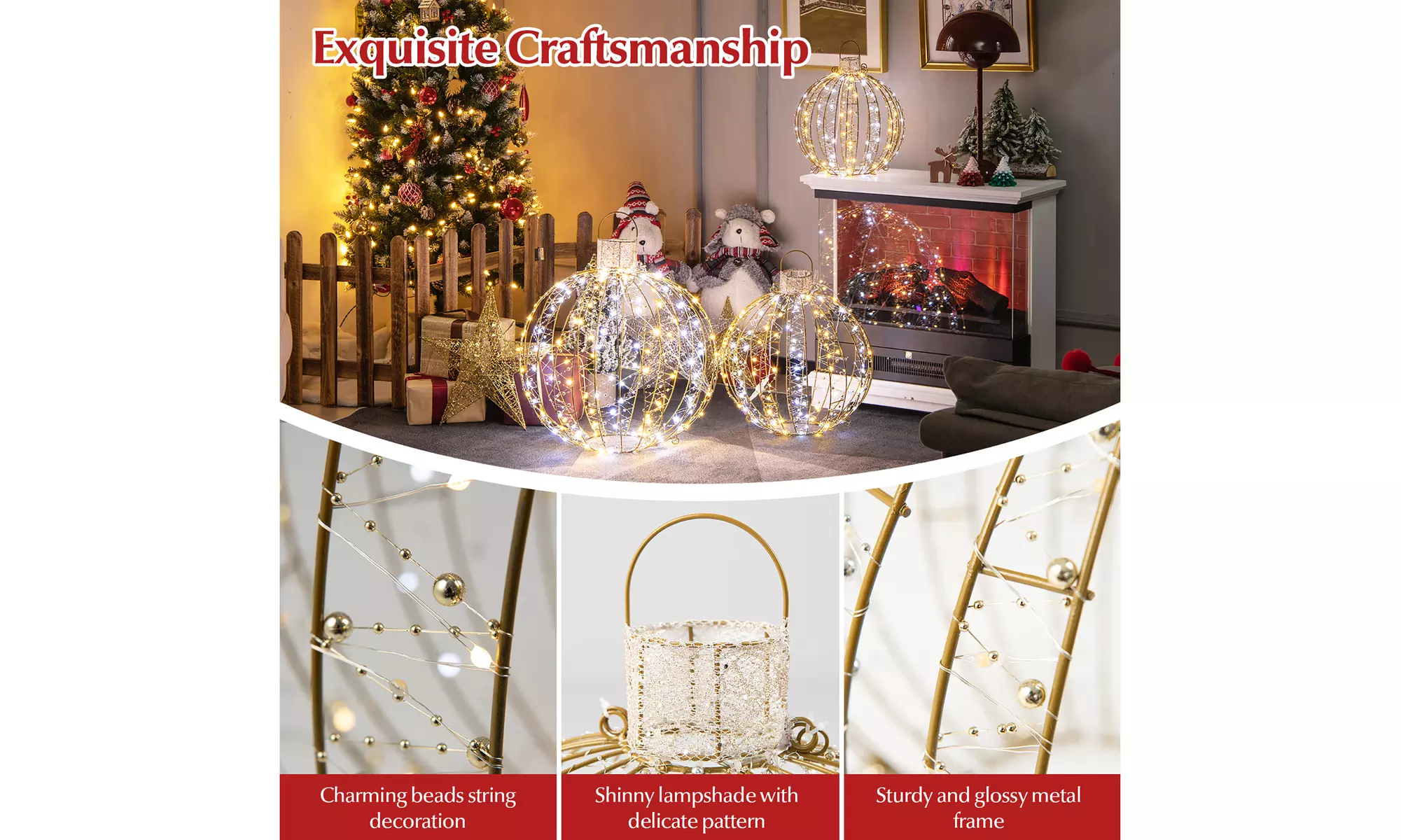 Costway Christmas LED Light Balls Outdoor Hanging Light Spheres 360 Lights