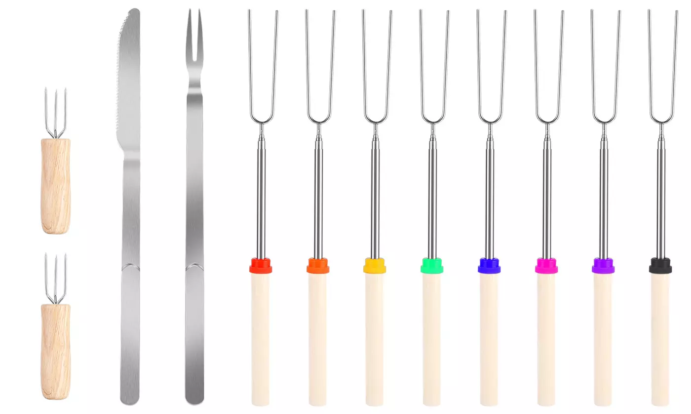 LakeForest 32" Stainless Steel Extendable Telescoping Fork Skewer Sticks Set - Second Medium