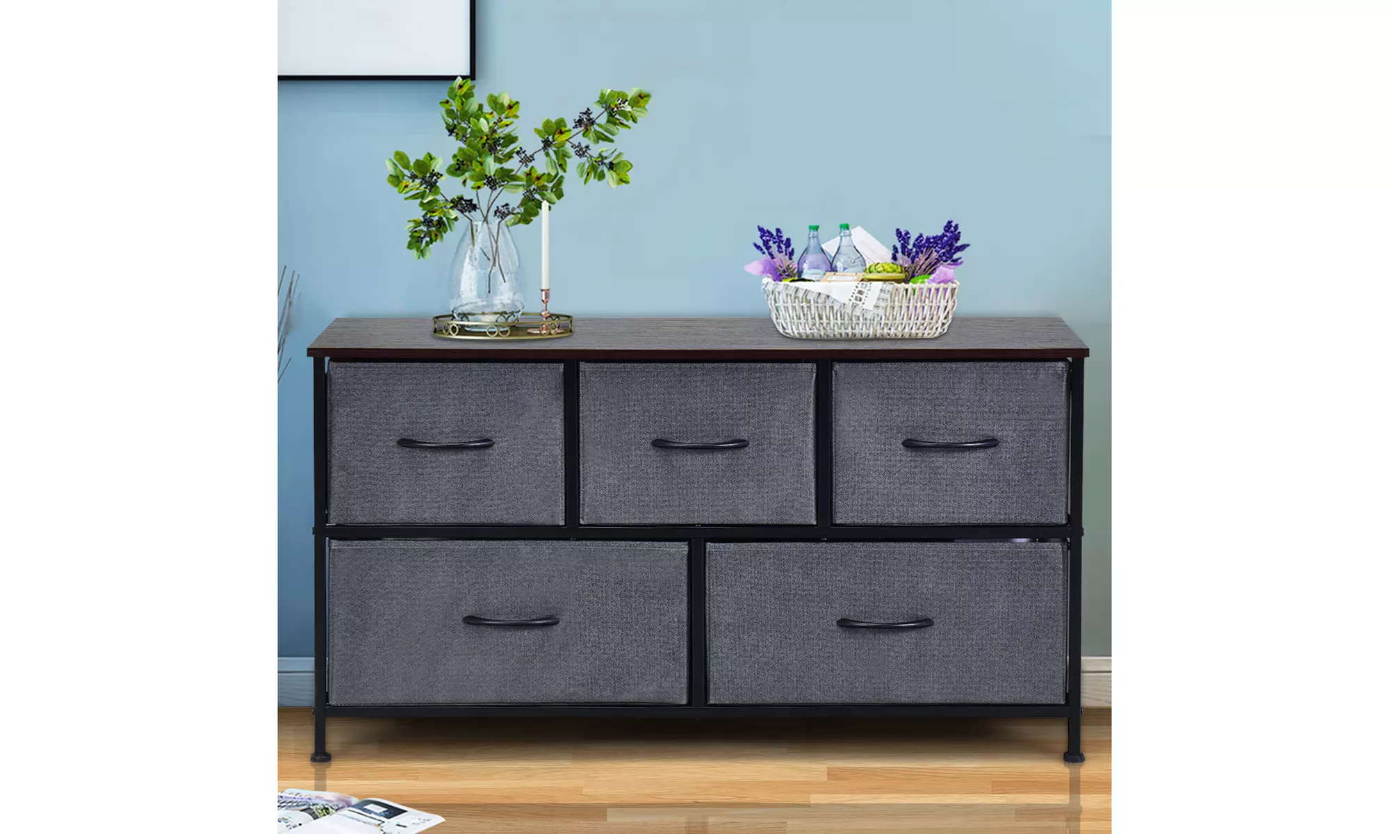 5 Drawer Dresser Storage Unit Side Table Display Organizer Dorm Room Fabric Grey - Primary Image