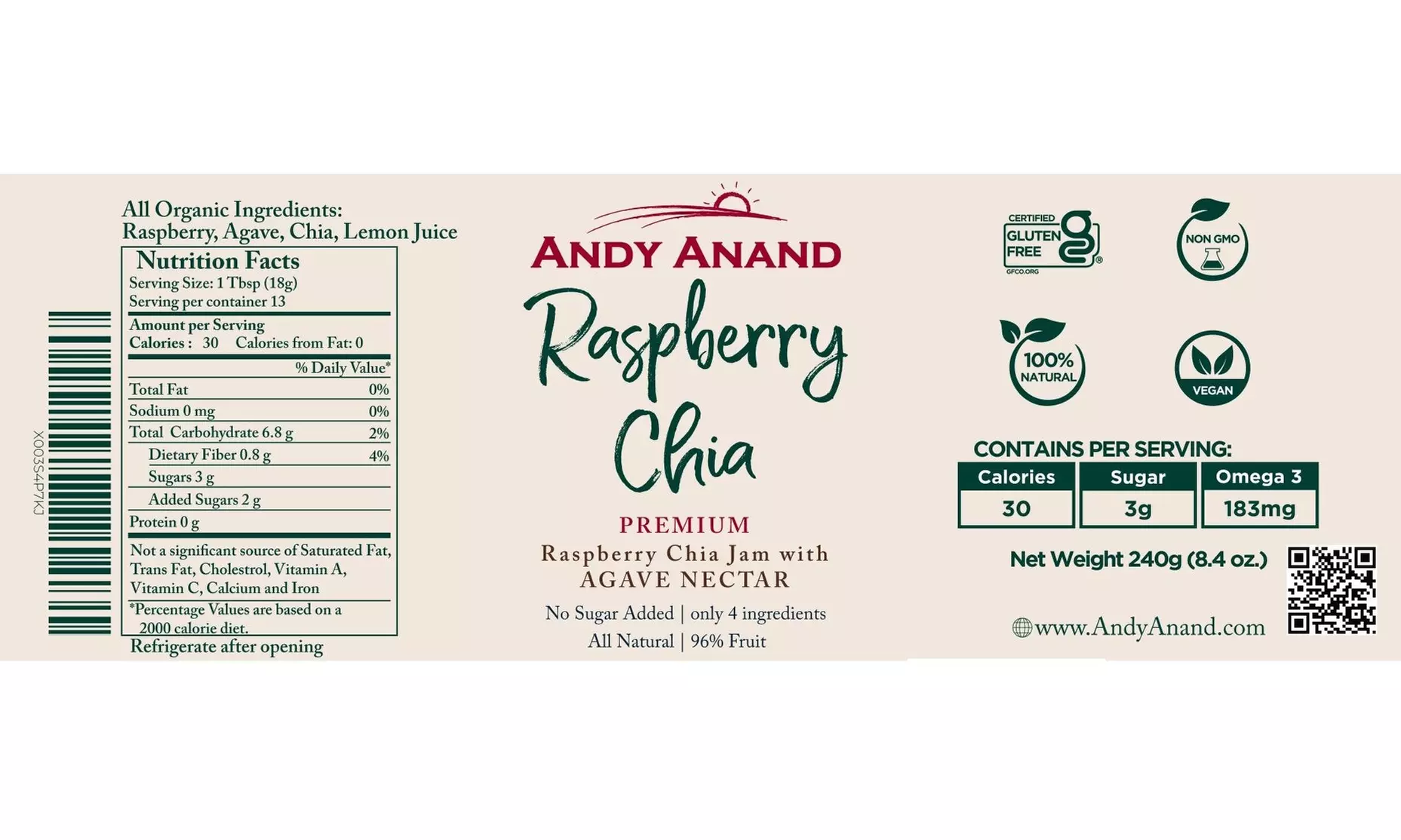Andy Anand Organic Raspberry Chia Jam 96% fruit, sweetened with Agave - Second Medium